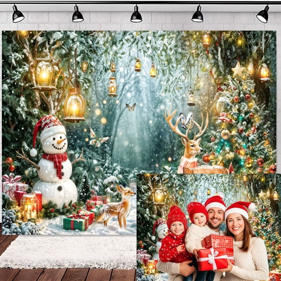 RLESO 7X5Ft Winter Wonderland Backdrop Christmas Forest Scene Snowy Tree Snowman Deer Photography Background Xmas Holiday New Year Family Party Decorations Banner Photo Booth Studio Props