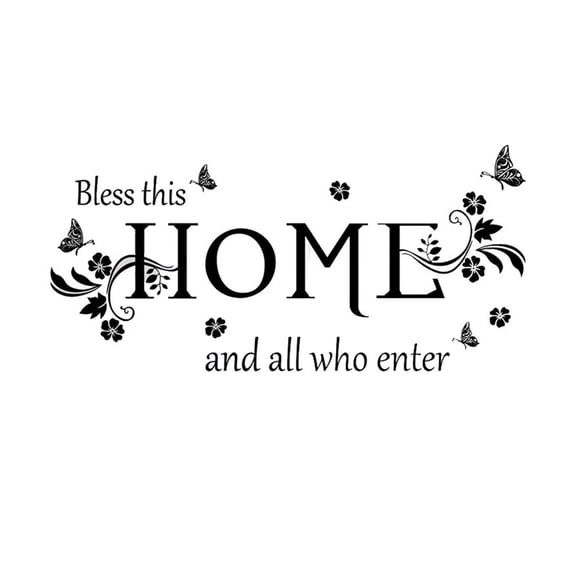 RLESO Black Vinyl Wall Sticker Wall Word Quotes Bless This Home and All who Enter Wall Decals Flowers Butterfly Wall Decor Sticker for Entryway Living Room Home Decor.
