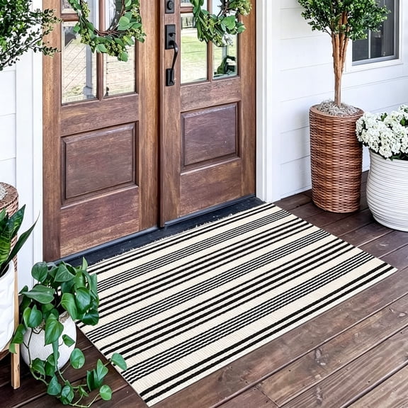 RLESO Black and White Striped Outdoor Rug 24'' x 51'' Farmhouse Front Porch Rug Hand-Woven Machine Washable Layered Door Mats for Entryway/Bedroom/Patio/Porch Decor