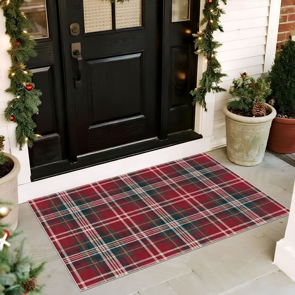 RLESO Christmas 3X5 Entry Rug - Small Washable Indoor Outdoor Mats for Front Door Non-Slip Porch Rug Holiday Tartan Plaid Throw Rugs for Living Room Bedroom Entryway Kitchen Office Porch Decor