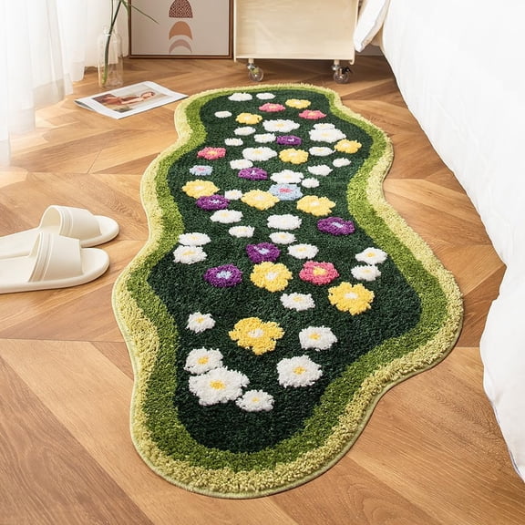 RLESO Cute Flower Green 3D Moss Bathroom Rugs Shaggy Tufted Non Slip Machine Washable Bath Mat Moss Runner Carpet for Bathroom Shower Bedroom (2Ft X 4Ft)