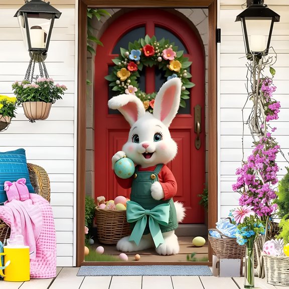 RLESO Easter Door Cover Decorative,Welcome Bunny Door Cover,Happy Easter Door Backdrop Decoration for Spring Theme Party Supplies Holiday Decoration Background,Easter Decorations