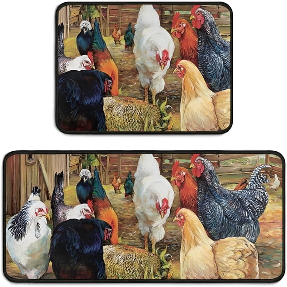 RLESO Farmhouse Rooster Kitchen Mats Set of 2 - Anti Fatigue Standing Mats for Kitchen Floor, Non-Slip Cushioned Chicken Rug Set, Vintage Farm Decor Floor Mats 17 x 47 Inch and 17 x 30 Inch