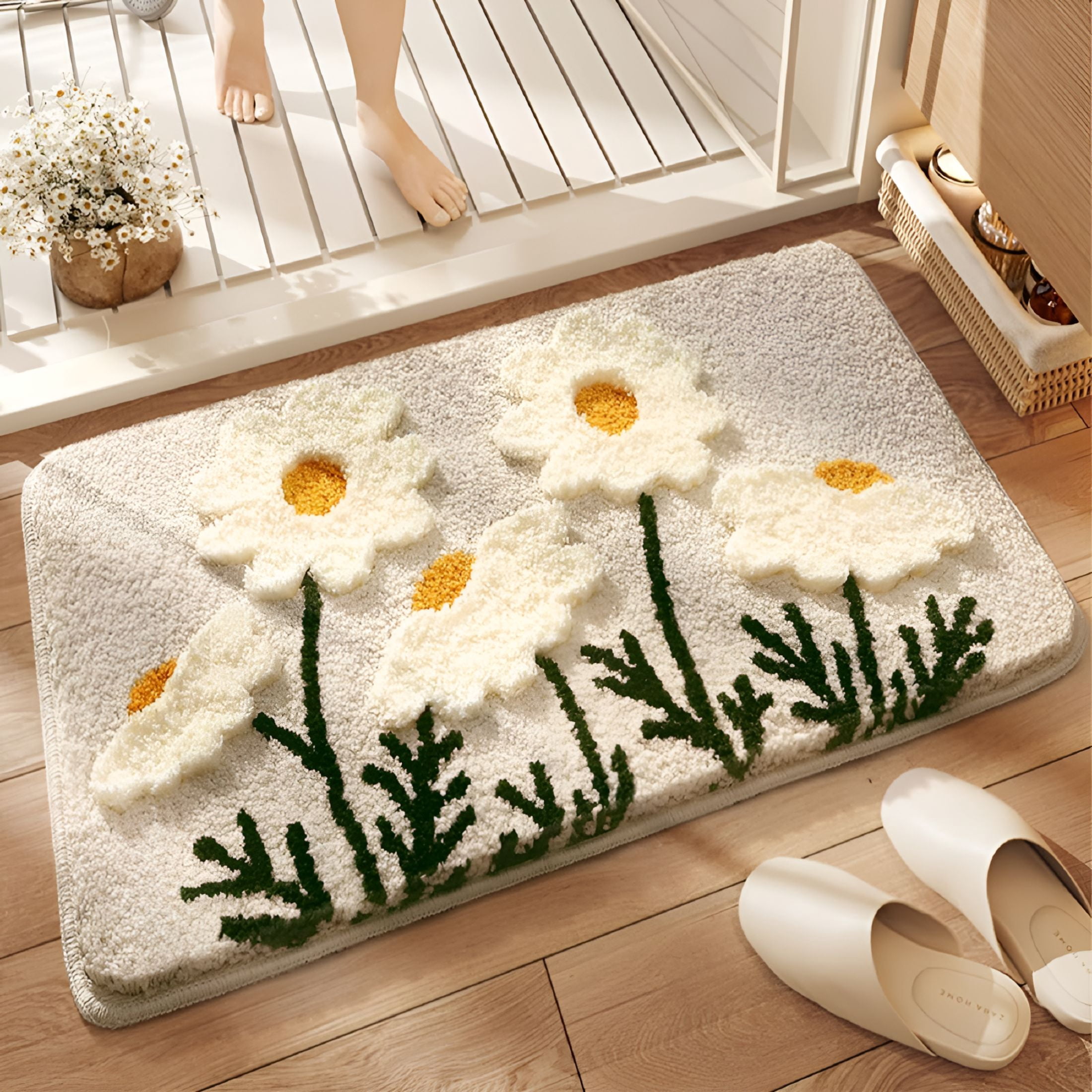RLESO Fluffy Absorbent Flower Bathroom Rug Washable,32"X 20"Bath Mat for Bathroom Non Slip,Soft Tufted Rug Flower Bath Mat Home Decor,White Flowers