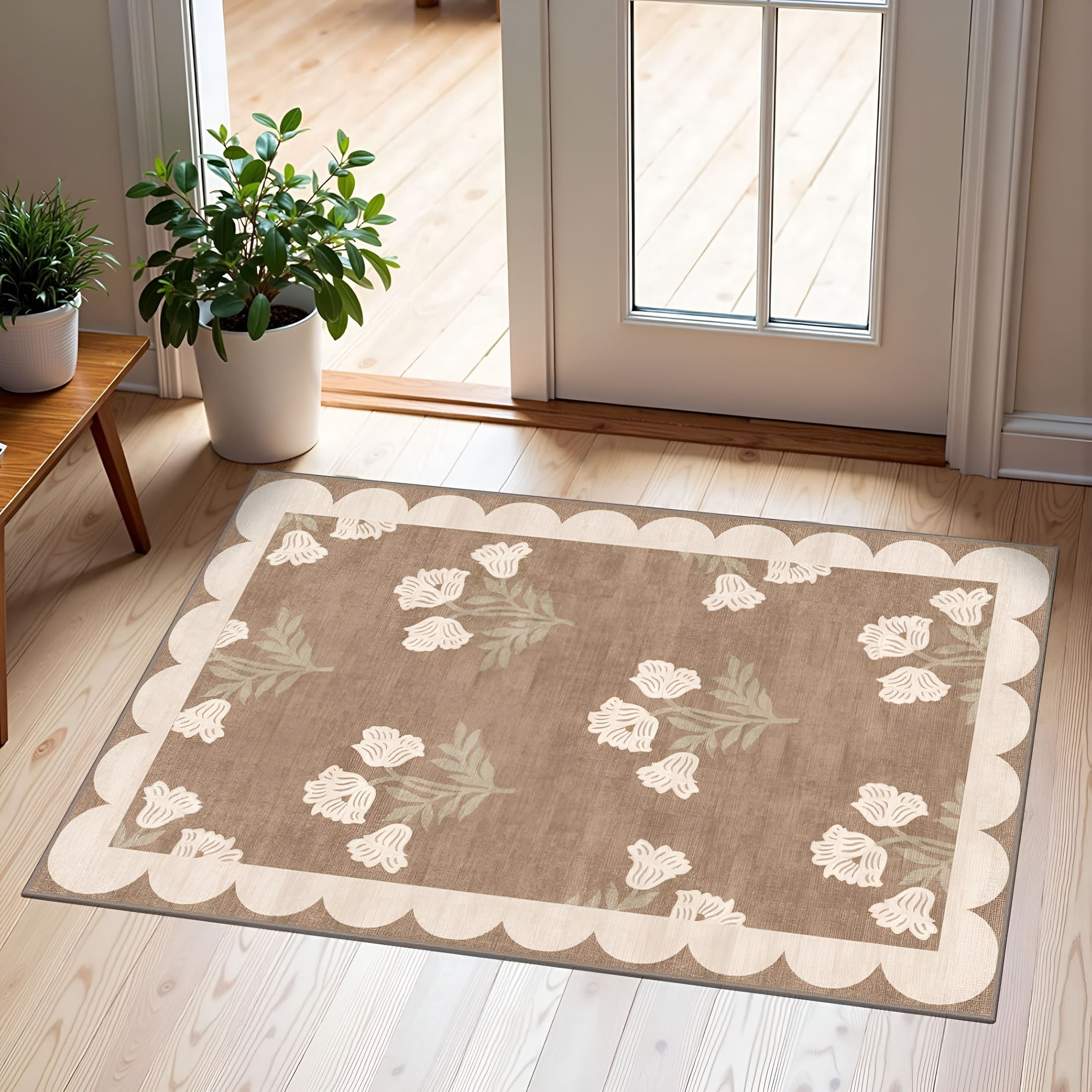 RLESO Front Door Mat Outside Entrance - 2X3 Floral Non-Slip Washable Doormat Indoor Outdoor Mat Tan Neutral Farmhouse Scalloped Entry Rug Small Throw Rugs for Entryway Kitchen Front Porch Decor