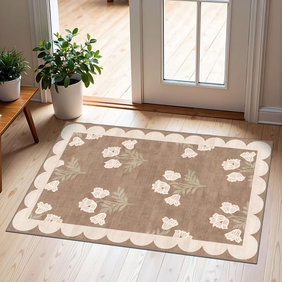RLESO Front Door Mat Outside Entrance - 2X3 Floral Non-Slip Washable Doormat Indoor Outdoor Mat Tan Neutral Farmhouse Scalloped Entry Rug Small Throw Rugs for Entryway Kitchen Front Porch Decor