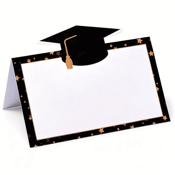 RLESO Graduation Place Cards Congrats Grad Cap Seating Name Card Black White & Gold Table Setting Folded Tent Cards for Class of Graduate Dinner Tables Placement Party Decorations 2x3.5"