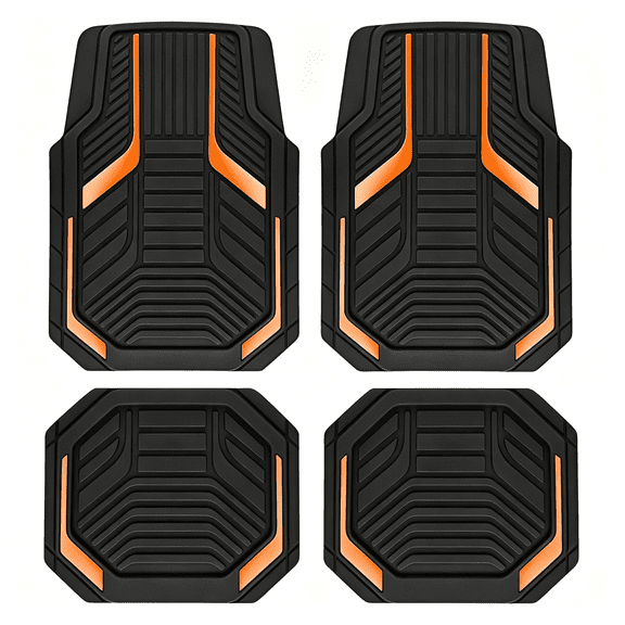 RLESO Heavy Duty Rubber Floor Mats,Orange Aluminum Film Car Mats Set,Front and Rear Car Mats with Anti-Slip Backing,All Weather Protection,Trim-To-Fit for Automotive SUV,Sedan,Van