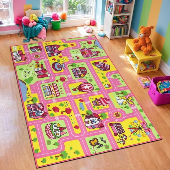 RLESO Kid Rug for Playroom Pink Play Rug Traffic Road Car Play Mat 5.2x3.3 ft Educational Learning Area Rug Washable Kids Carpet for Children Girls Bedroom,Playroom,Nursery Room Decor