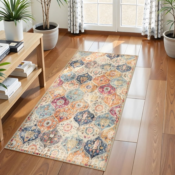 RLESO Kitchen Rugs Non Slip Washable Rugs for Entryway,2X4 Rug Non Slip Moroccan Trellis Ultra Thin Indoor Door Mat Small Carpet for Bathroom Bedroom Entry,Cream/Multi