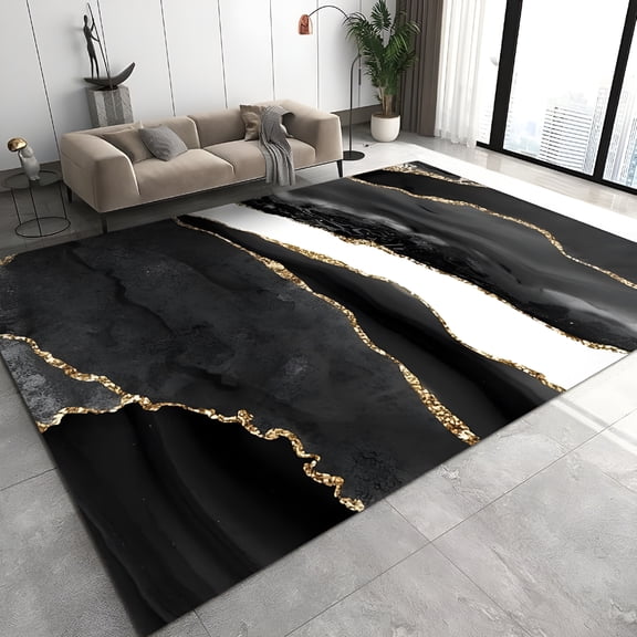 RLESO Luxury Black and White Gray Gold Marble Area Rug,Nordic Abstract Geometry Washable Carpet,Easy Clean Foldable Soft Rugs for Living Room Bedroom Entryway Hallway Dorm 2 X 3Ft