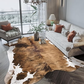 RLESO Luxury Faux Cowhide Rug 4.6X5.2 Feet-Western Cow Print Area Rugs for Living Room,Bedroom,Farmhouse-Premium Western Style Faux Fur Carpet,Non-Slip Animal Hide Throw Rugs (Caramel)
