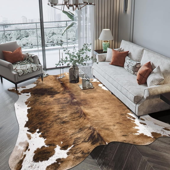 RLESO Luxury Faux Cowhide Rug 4.6X5.2 Feet-Western Cow Print Area Rugs for Living Room,Bedroom,Farmhouse-Premium Western Style Faux Fur Carpet,Non-Slip Animal Hide Throw Rugs (Caramel)