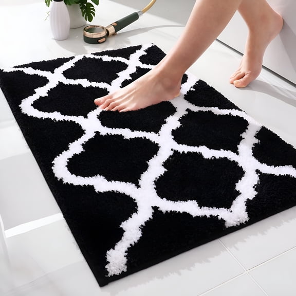 RLESO Microfiber Bathroom Rugs and Mats,Black Rugs for Bathroom Extra Soft and Absorbent Shaggy Bath Mats,Non-Slip Moroccan Trellis Bath Carpets,16" X 24",Black