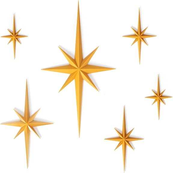 RLESO Mid Century Modern Decor,Gold Retro 3D Star Art Wall Sculpture,Plastic Starburst Decor,Vintage Celestial Whimsigoth Home Decor Accent. (Set of 6)