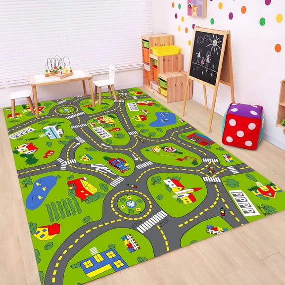 RLESO Non-Slip Town City Road Map Playmat for Boys,Perfect for Playroom and Bedroom,Car Track Mat - 411" X 33"(Rectangular)