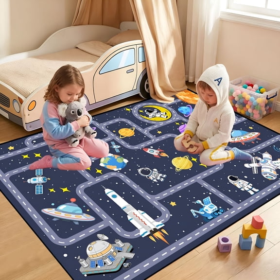 RLESO Outer Space Rug for Boys Room 2.5X4 Feet,Non-Slip Kids Rug with Roads and Tracks,Solar System Planet Play Mat,Galaxy Area Rug for Bedroom,Playroom,Educational Floor Carpet