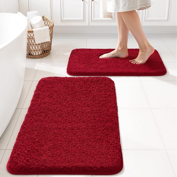 RLESO Red Bathroom Rugs Set 2 Piece Small Soft Bath Mats 16X24 Inch | Soft Absorbent Microfiber Bath Rugs, Non Slip, Quick Dry, Fluffy Bath Rugs for Bathroom Floor Tub Showers, Machine Washable