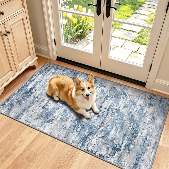 RLESO Runners for Hallways Ultra Non-Slip 2X4 Washable Kitchen Rug Abstract Tear and Stain Resistance No Pile Hand-Woven Style Lightweight Runners for Entryway,Laundry Room,Bedside,Ocean Blue