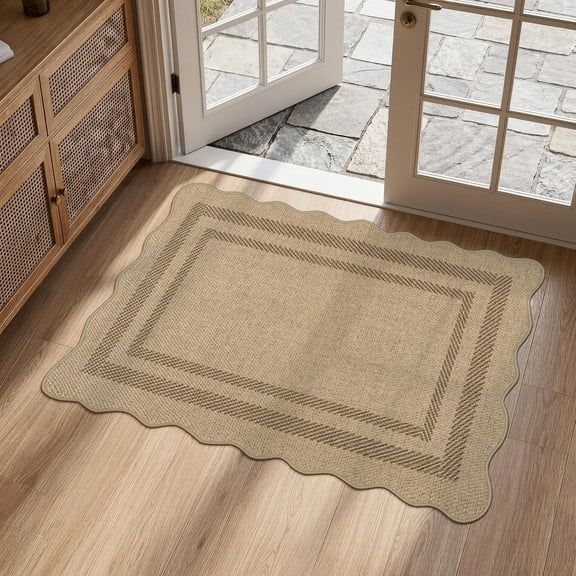 RLESO Scalloped Easy Jute Kitchen Rug,2X3 Front Door Mat Indoor Outdoor Small Entryway Rug,Washable Non Slip Farmhouse Area Rug,Tan Neutral Modern Carpet Outdoor Doormat for Porch Doorway Foyer