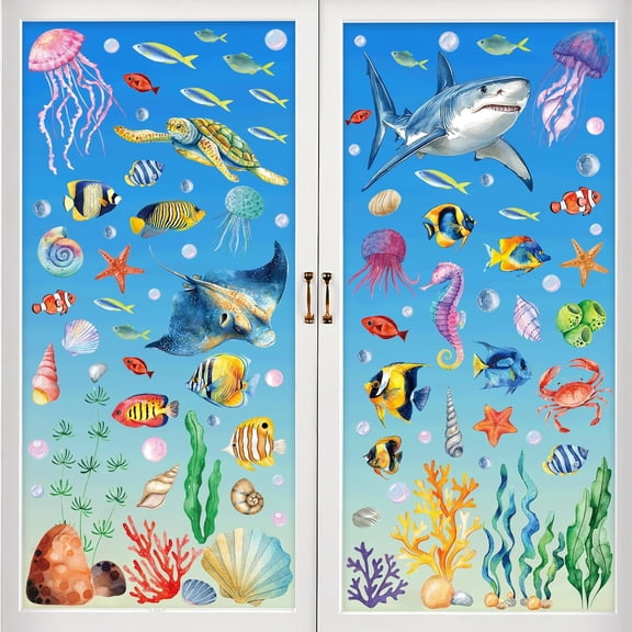 RLESO under the Sea Fish Window Clings,96Pcs Ocean Theme Window Stickers Summer Ocean Animal Fish Glass Stickers Decorations for Home Bedroom Bathroom Window Clings