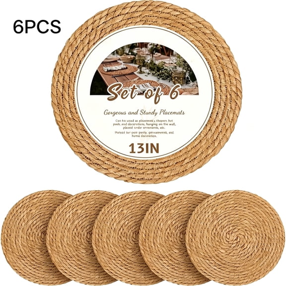 RLESO Set of 6 Round Woven Plate Chargers, 13" Boho Farmhouse Placemats for Dining Table. Rustic Rattan Wicker Chargers for Dinner Plates & Home Decor. Chargers for Dinner Plates
