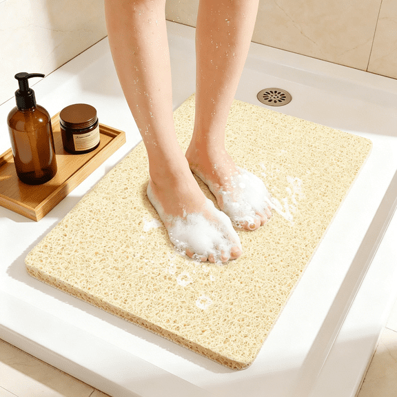 RLESO Shower Mat Bathtub Mat Non Slip,Bathmats Non Slip,Quick Drying Foot Scrubber Loofah Mats for Shower,Tub,Bathroom,Home,17X24Inch,Beige
