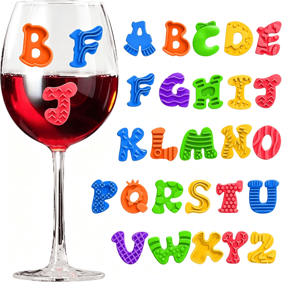 RLESO Silicone Drink Markers for Glasses, 26 Pcs Alphabet Beverage Name Tags with Suction Cup, Reusable Wine Charms Identifier Labels for Party, Cocktail, Beer & Family Gathering (A-Z Set) (1 Set)