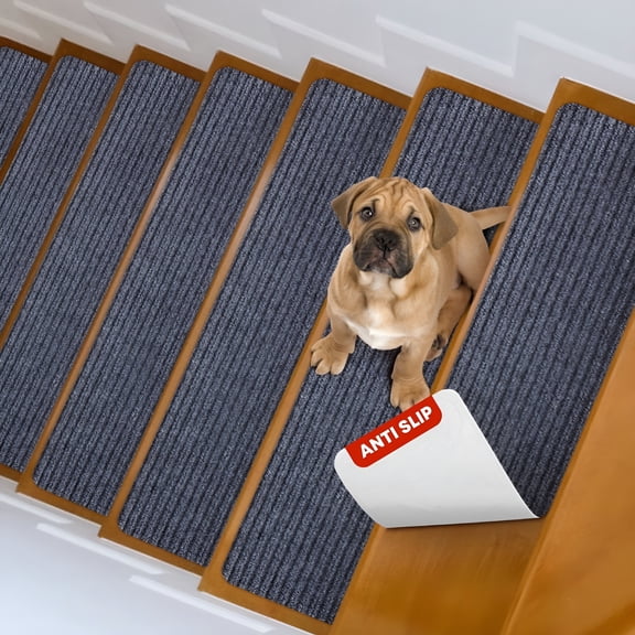 RLESO Stair Treads for Wooden Steps, Non Slip Indoor Polyester Step Cover Striped, stair treads for wooden steps indoor, Dark Gray, 15 Pack