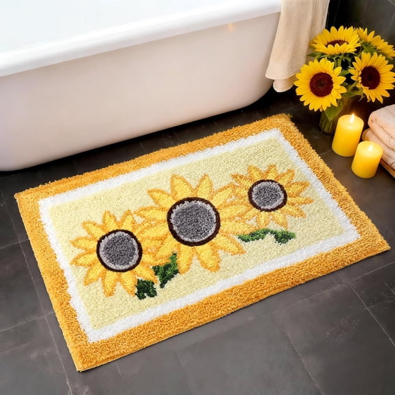 RLESO Sunflower Bathroom Rug Yellow Bath Mat Spring Floral Non Slip Soft Tufted Sunflower Bathroom Decor Accessories for Bedroom Kitchen Front Door Porch, 16" X 24"