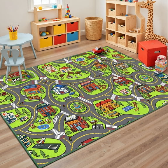 RLESO Ultra Non Slip Kids Car Rug, Kids Road Playmat Rug for Toy Cars, Educational Town City Map Washable Carpet for Boy Playroom Bedroom, Safer Car Track Play Mat