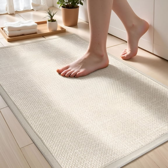 RLESO Ultra Thin Non Slip Bath Mat with Rubber-Backing Braided Absorbent Machine Washable Bathroom Rugs,Quick Dry,Fits under Door 17"X 24"Beige