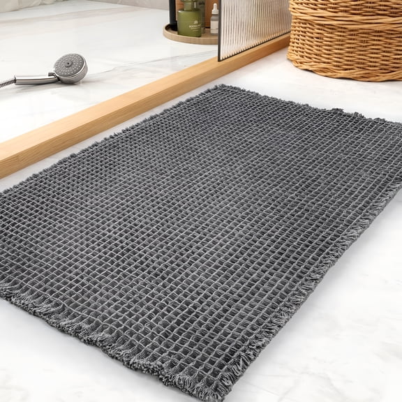 RLESO Waffle Bath Mat Rug,Super Absorbent Non-Slip Bath Mat,Waffle Bath Mat Non Slip Bathroom Rug for Bathroom Floor Next to Tub,16" X 32",Moon Gray
