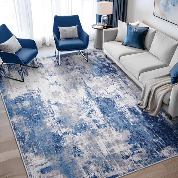 RLESO Washable Area Rugs 5'X7' Non-Slip Modern Abstract Soft for Living Room Entryway Bedroom Nursery Washable Rugs 5X7,Print Pattern,Blue Grey Navy Gray