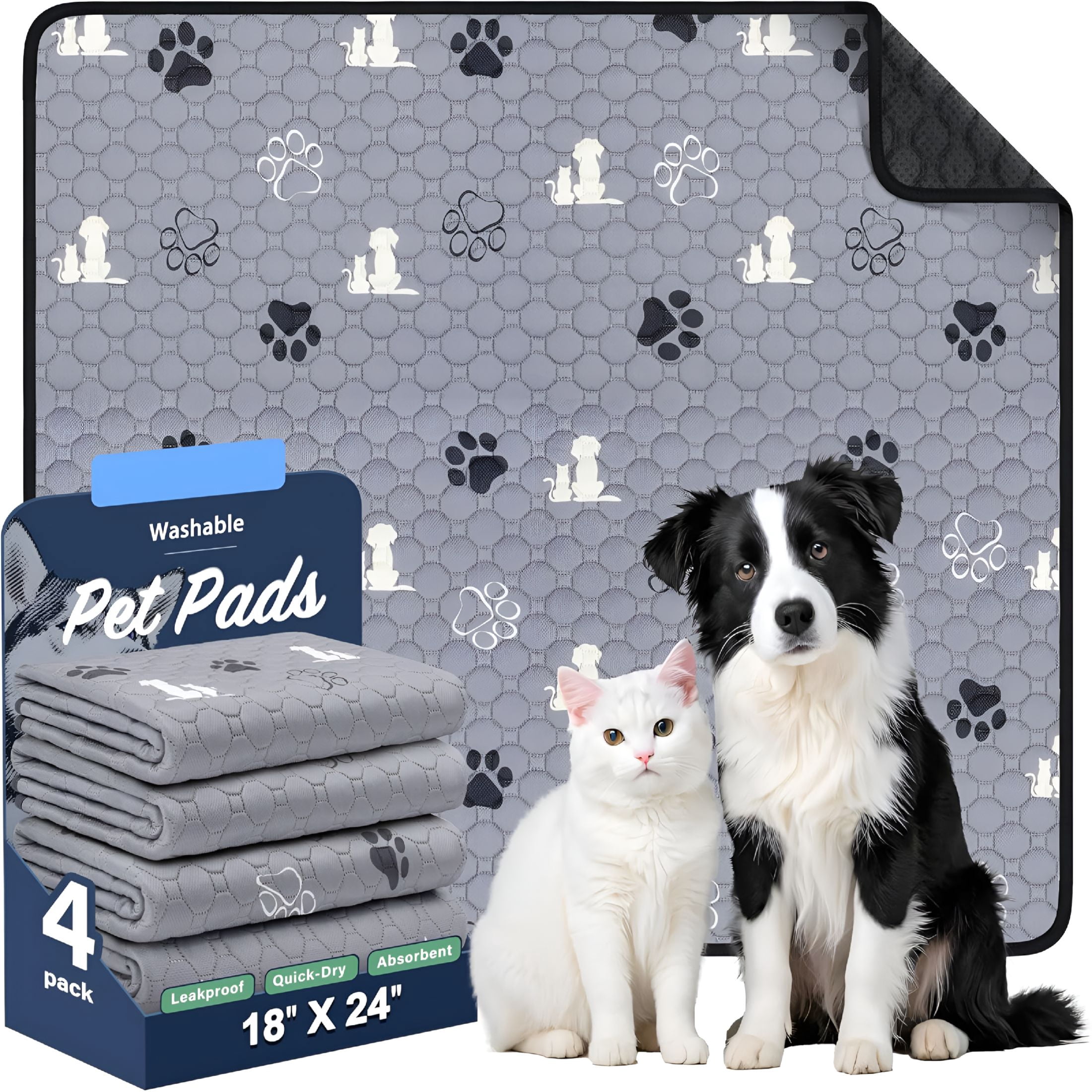 RLESO Washable Pee Pads for Dogs, 4 Pack Absorbent Reusable Training Dog Pads Pet Puppy Pads, Non-Slip Potty Pads for Whelping, Playpen, Crate, Bed, Grey 18"x24"