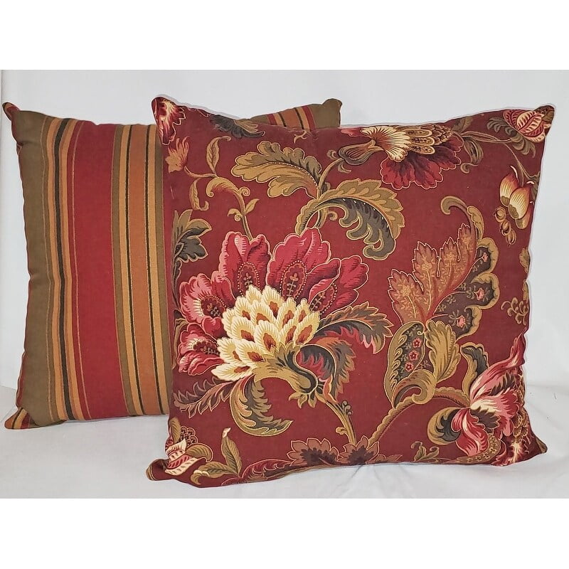 Noblesse Ruby and Eggshell Reversible Floral and Stripe Pillow Set