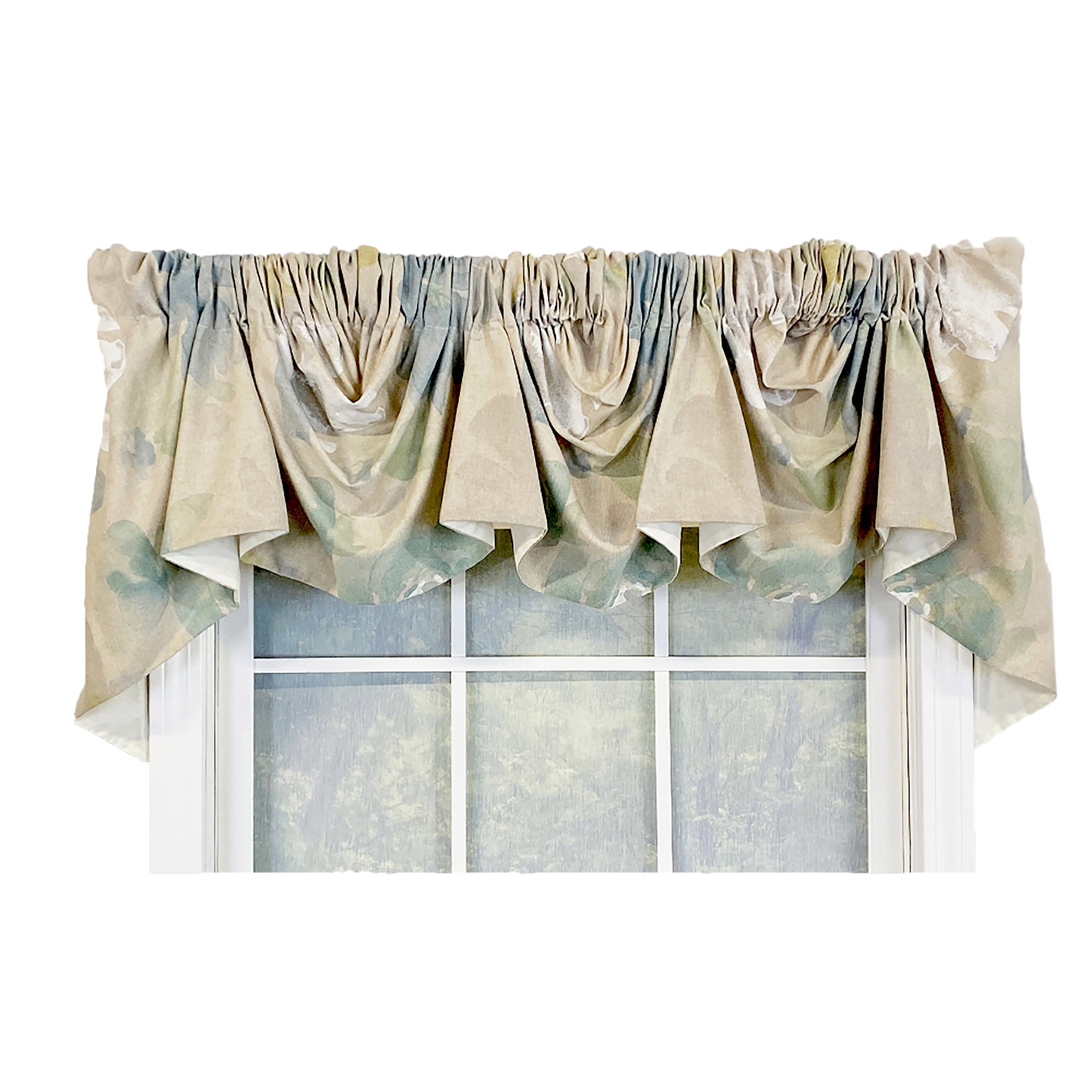 Linen Floral Watercolor 3-Scoop Empire Valance in Beige and Green