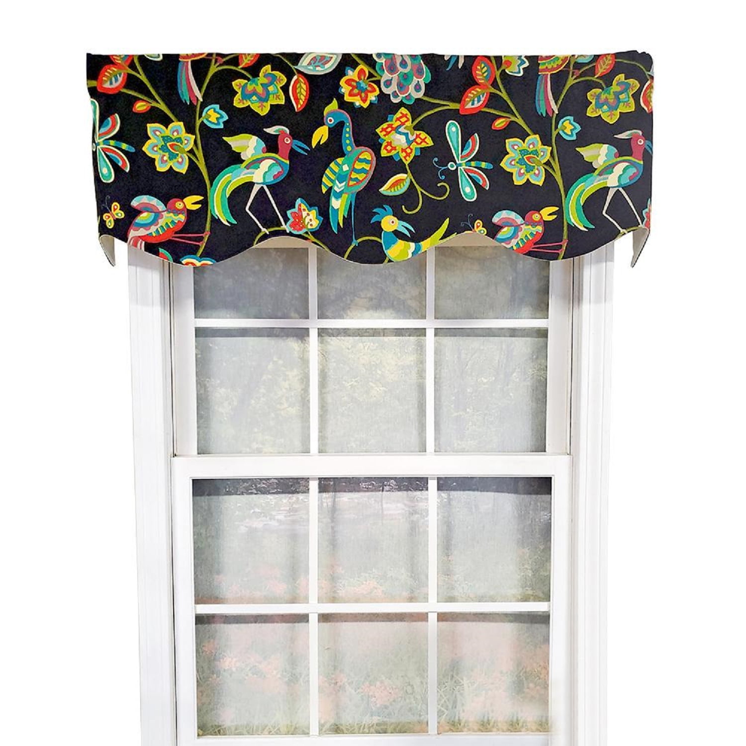 Luxurious Black Cotton Valance with Colorful Birds Pattern
