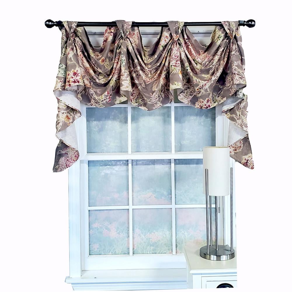 Gray Floral Polyester Swag Window Valance with Tacked Tabs