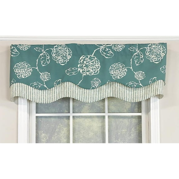 RLF Home Pouf Floral Glory Valance Ocean Blue. 3" Rod Pocket, Layered. 50"W X 16"L