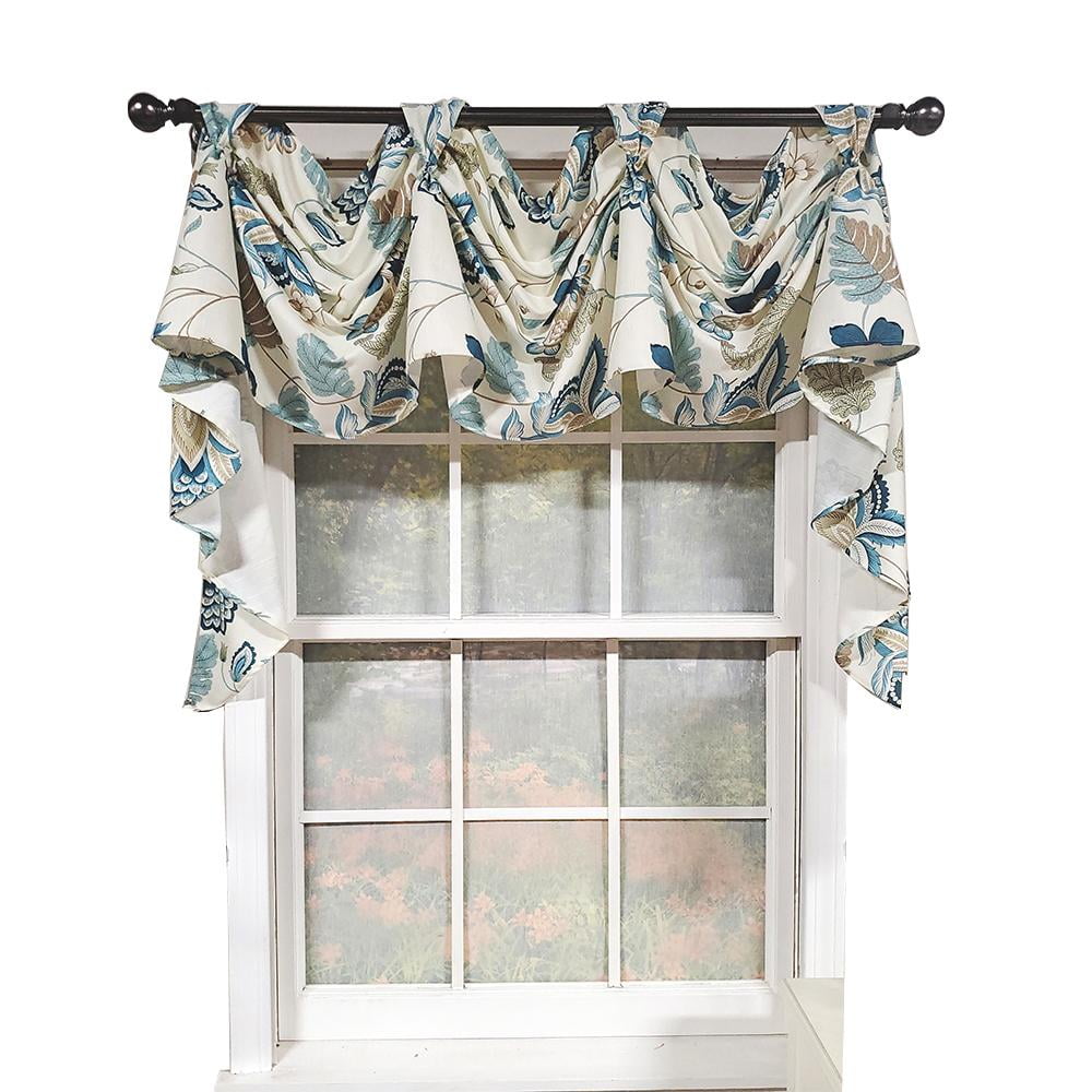 Elegant Blue Floral Cotton Swag Window Valance