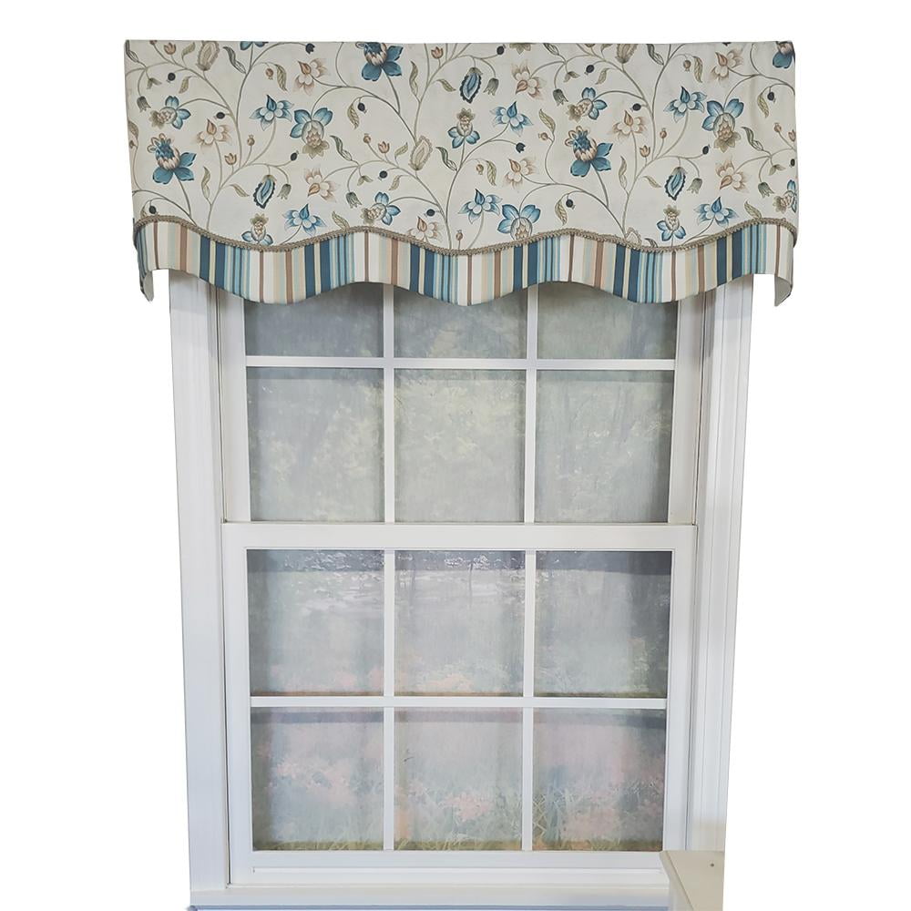 Sandra Glory Blue Floral and Stripe Cotton Valance