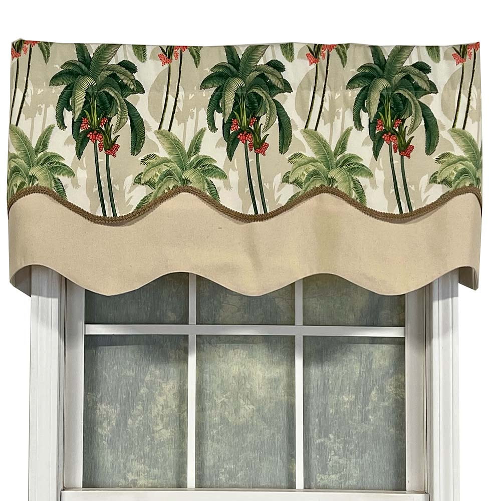 Aloe Green Palm Print Valance with Gimp Trim