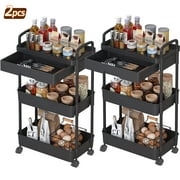 RLUETIME 2pcs 3-Tier Rolling Utility Cart,Multifunctional Mobile Storage Shelves with Drawer and Lockable Wheels for Room,Office,Kitchen,Bathroom, Black