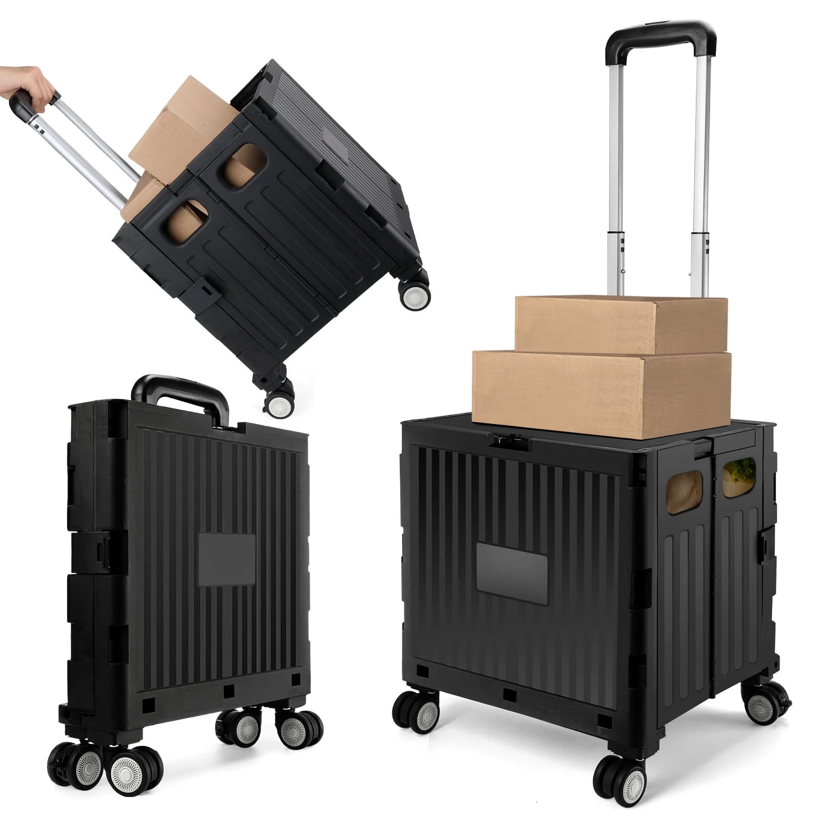 RLUETIME Folding Utility Cart, Portable Rolling Crate Handcart Shopping Trolley Collapsible Tool Box with Lid, Basket on 4 Rotate Wheels, for Grocery, Office, Luggage