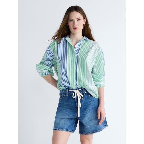 Free Assembly Women's and Women's Plus Relaxed Button Down Cotton Shirt with Long Sleeves, Sizes XS-4X