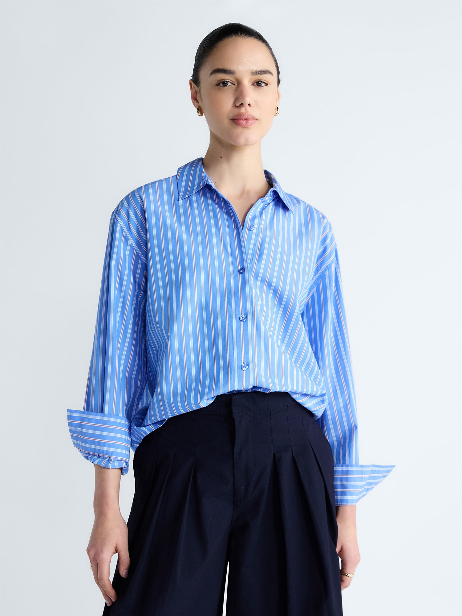 Free Assembly Women's and Women's Plus Relaxed Button Down Cotton Shirt with Long Sleeves, Sizes XS-4X
