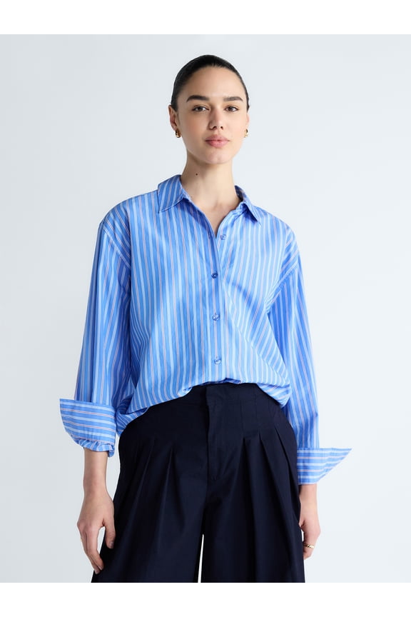 Women's and Women's Plus Relaxed Button Down Cotton Shirt with Long Sleeves, Sizes XS-4X