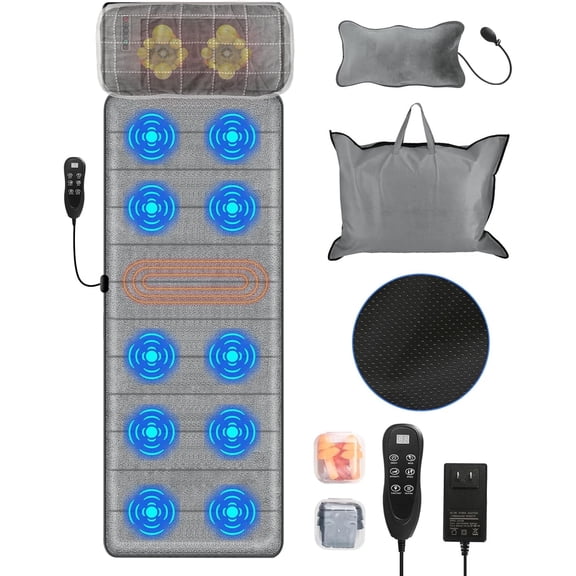 RLXPROO Full Body Massager Mat with Heat and 10 Vibration Massage Nodes Lumbar Stretching Pillow, Detachable Neck Massager with Shiatsu Kneading Fits Office and Home Relax Gifts