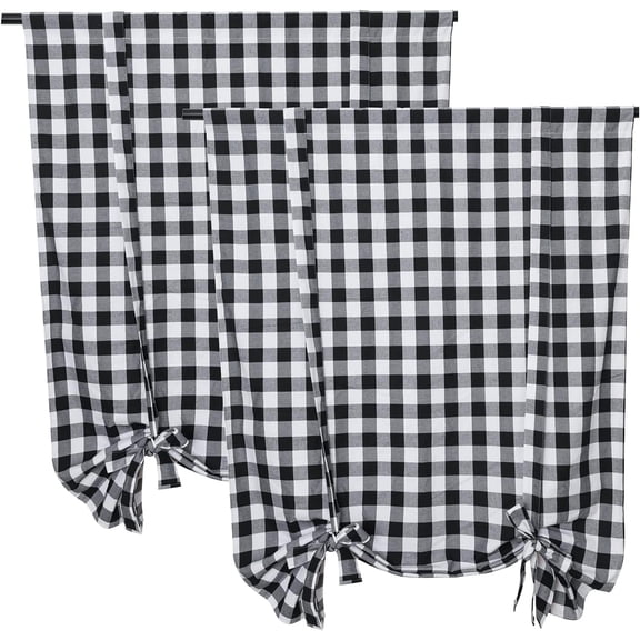 2 Pcs Tie Up Shade Buffalo Check Window Curtain Farmhouse Style Rod Pocket Kitchen Curtains, Black and White, 42 x 63 Inches